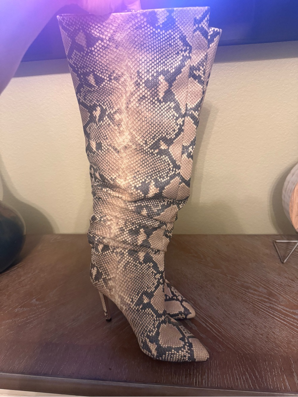 Vince Camuto Snake-Print Knee-High Stiletto Boots in Beige and Black